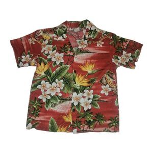 Boys Red Hawaiian Shirt Size 8 Hula Dancers Floral Vintage Tropical Beach Luau